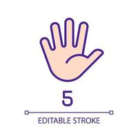 Digit five in American sign language pixel perfect RGB color icon. Communication system. Gesture. Isolated vector illustration. Simple filled line drawing. Editable stroke. Arial font used