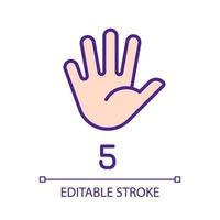 Digit five in American sign language pixel perfect RGB color icon. Communication system. Gesture. Isolated vector illustration. Simple filled line drawing. Editable stroke. Arial font used