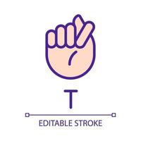 Letter T sign in ASL pixel perfect RGB color icon. Words building. Communication modality. Isolated vector illustration. Simple filled line drawing. Editable stroke. Arial font used