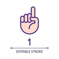 Digit one in ASL pixel perfect RGB color icon. Nonverbal communication. Gesture language. Isolated vector illustration. Simple filled line drawing. Editable stroke. Arial font used
