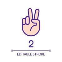 Signing digit two in ASL pixel perfect RGB color icon. Nonverbal communication. Gesture language. Isolated vector illustration. Simple filled line drawing. Editable stroke. Arial font used