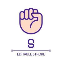 Letter S in American sign language pixel perfect RGB color icon. Fist gesture. Communication modality. Isolated vector illustration. Simple filled line drawing. Editable stroke. Arial font used