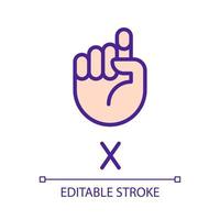 Letter X in ASL pixel perfect RGB color icon. American sign language. Visual modality for communication. Isolated vector illustration. Simple filled line drawing. Editable stroke. Arial font used