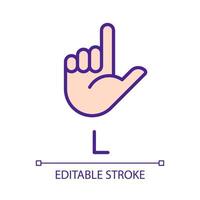 Letter L in American sign language pixel perfect RGB color icon. Communication system element. Isolated vector illustration. Simple filled line drawing. Editable stroke. Arial font used