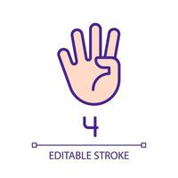 Digit four sign in ASL pixel perfect RGB color icon. Nonverbal communication performing. Modality. Isolated vector illustration. Simple filled line drawing. Editable stroke. Arial font used