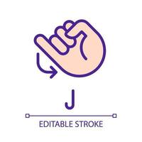 Letter J sign in ASL pixel perfect RGB color icon. System of nonverbal communication. Words visualization. Isolated vector illustration. Simple filled line drawing. Editable stroke. Arial font used