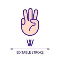 Letter W in American sign language pixel perfect RGB color icon. Nonverbal communication. Gestures system. Isolated vector illustration. Simple filled line drawing. Editable stroke. Arial font used