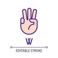 Letter W in American sign language pixel perfect RGB color icon. Nonverbal communication. Gestures system. Isolated vector illustration. Simple filled line drawing. Editable stroke. Arial font used