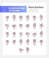 Letters in American sign language pixel perfect RGB color icons set. Isolated vector illustrations. Simple filled line drawings collection. Editable stroke. Montserrat Bold, Light fonts used