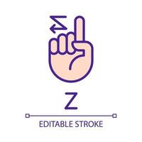 Signing letter Z in ASL pixel perfect RGB color icon. American nonverbal language. Dealing with deafness. Isolated vector illustration. Simple filled line drawing. Editable stroke. Arial font used