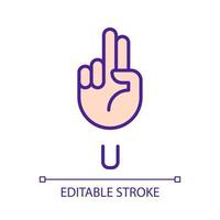 Letter U sign in ASL pixel perfect RGB color icon. Words visualization by gestures. Communication. Isolated vector illustration. Simple filled line drawing. Editable stroke. Arial font used