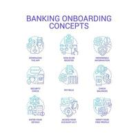 Banking onboarding process blue gradient concept icons set. Web wallet. Financial transactions online idea thin line color illustrations. Isolated symbols. Roboto-Medium, Myriad Pro-Bold fonts used vector