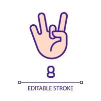 Digit eight sign in ASL pixel perfect RGB color icon. Gesture language. Nonverbal communication. Isolated vector illustration. Simple filled line drawing. Editable stroke. Arial font used