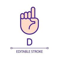 Signing letter D in ASL pixel perfect RGB color icon. Nonverbal system. People with deafness support. Isolated vector illustration. Simple filled line drawing. Editable stroke. Arial font used