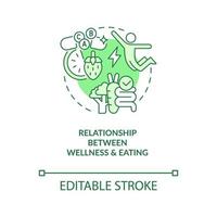 Relationship between wellness and healthy eating green concept icon. Nutrition abstract idea thin line illustration. Isolated outline drawing. Editable stroke. Arial, Myriad Pro-Bold fonts used vector