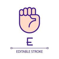 Letter E visualization in ASL pixel perfect RGB color icon. People with deafness support. Isolated vector illustration. Simple filled line drawing. Editable stroke. Arial font used