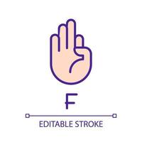 Letter F in American sign language pixel perfect RGB color icon. Nonverbal communication. Isolated vector illustration. Simple filled line drawing. Editable stroke. Arial font used