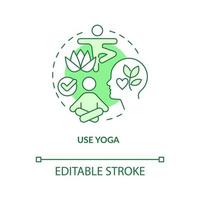 Use yoga at workplace green concept icon. Work breaks. Physical activities abstract idea thin line illustration. Isolated outline drawing. Editable stroke. Arial, Myriad Pro-Bold fonts used vector