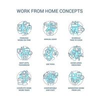 trabajo desde casa consejos conjunto de iconos de concepto turquesa. prevención del agotamiento. ilustraciones en color de línea delgada de idea de lugar de trabajo remoto. símbolos aislados. trazo editable. roboto-medium, innumerables fuentes pro-bold utilizadas vector