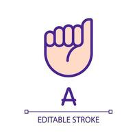 Letter A in American sign language pixel perfect RGB color icon. Nonverbal communication system. Isolated vector illustration. Simple filled line drawing. Editable stroke. Arial font used