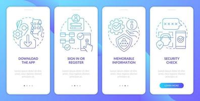 E banking registration tips blue gradient onboarding mobile app screen. Walkthrough 4 steps graphic instructions with linear concepts. UI, UX, GUI template. Myriad Pro-Bold, Regular fonts used vector