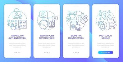 La banca segura por Internet cuenta con una pantalla de aplicación móvil de incorporación de degradado azul. Instrucciones gráficas de 4 pasos con conceptos lineales. interfaz de usuario, ux, plantilla de interfaz gráfica de usuario. innumerables fuentes pro-negrita y regulares utilizadas vector