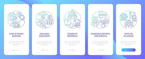 Choosing right insurance provider blue gradient onboarding mobile app screen. Walkthrough 5 steps graphic instructions with linear concepts. UI, UX, GUI template. Myriad Pro-Bold, Regular fonts used vector