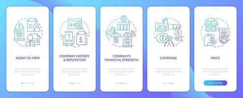 Choosing right insurance provider blue gradient onboarding mobile app screen. Walkthrough 5 steps graphic instructions with linear concepts. UI, UX, GUI template. Myriad Pro-Bold, Regular fonts used vector