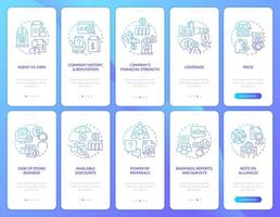 Coverage services benefits blue gradient onboarding mobile app screen set. Walkthrough 5 steps graphic instructions with linear concepts. UI, UX, GUI template. Myriad Pro-Bold, Regular fonts used vector