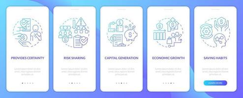 Policyholders benefits blue gradient onboarding mobile app screen. Insurance walkthrough 5 steps graphic instructions with linear concepts. UI, UX, GUI template. Myriad Pro-Bold, Regular fonts used vector