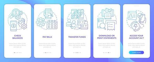 Online banking pros blue gradient onboarding mobile app screen. Digital wallet walkthrough 5 steps graphic instructions with linear concepts. UI, UX, GUI template. Myriad Pro-Bold, Regular fonts used vector