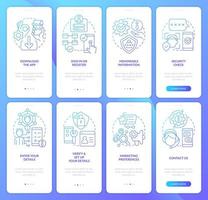 Net banking online blue gradient onboarding mobile app screen set. Registration walkthrough 4 steps graphic instructions with linear concepts. UI, UX, GUI template. Myriad Pro-Bold, Regular fonts used vector