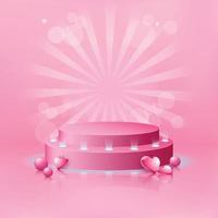 Blank exhibition display stage podium with Valentines hearts for mockup in pastel pink theme color, vector illustration