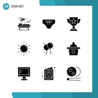 Pack of 9 Modern Solid Glyphs Signs and Symbols for Web Print Media such as astronomy space clothing sun prize Editable Vector Design Elements