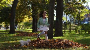 une femme dans un parc joue avec un petit chien blanc video