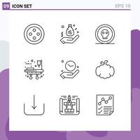 Pack of 9 creative Outlines of hold clock dangerous bed medical equipment Editable Vector Design Elements