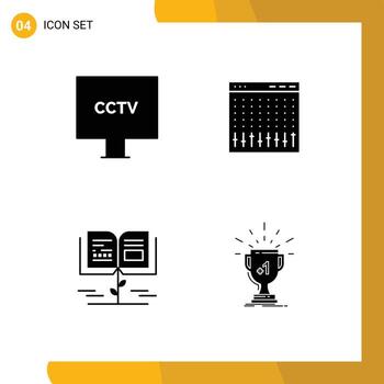 Group of 4 Solid Glyphs Signs and Symbols for camera mixer surveillance control knowledge Editable Vector Design Elements