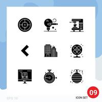 Modern Set of 9 Solid Glyphs and symbols such as tower building coffee left arrow Editable Vector Design Elements