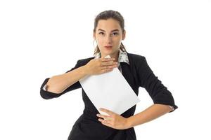 woman in uniform with white placard in hands photo