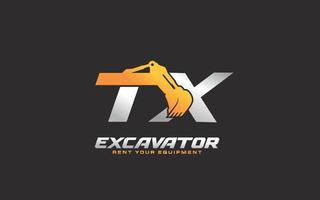 TX logo excavator for construction company. Heavy equipment template vector illustration for your brand.