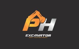 PH logo excavator for construction company. Heavy equipment template vector illustration for your brand.