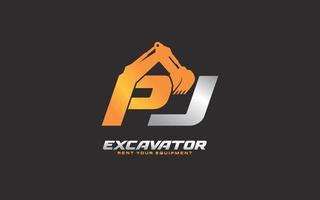 PJ logo excavator for construction company. Heavy equipment template vector illustration for your brand.