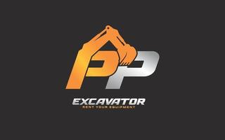PP logo excavator for construction company. Heavy equipment template vector illustration for your brand.