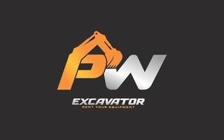 PW logo excavator for construction company. Heavy equipment template vector illustration for your brand.