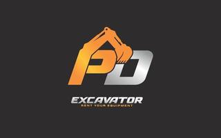 Excavadora con logotipo pd para empresa constructora. ilustración de vector de plantilla de equipo pesado para su marca.