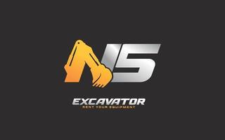 NS logo excavator for construction company. Heavy equipment template vector illustration for your brand.