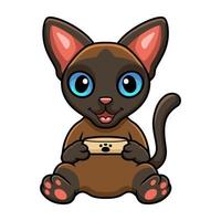 dibujos animados lindo gato tonkinese sosteniendo un tazón de comida vector