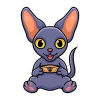 dibujos animados lindo gato peterbald con tazón de comida vector