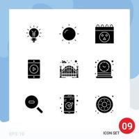 9 Universal Solid Glyph Signs Symbols of street gate gate calendar garden movie Editable Vector Design Elements