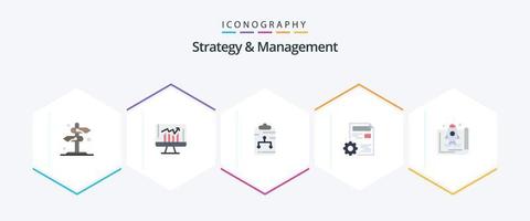 estrategia y gestión 25 paquete de iconos planos que incluye la configuración. documento. kpi. papel. la red vector